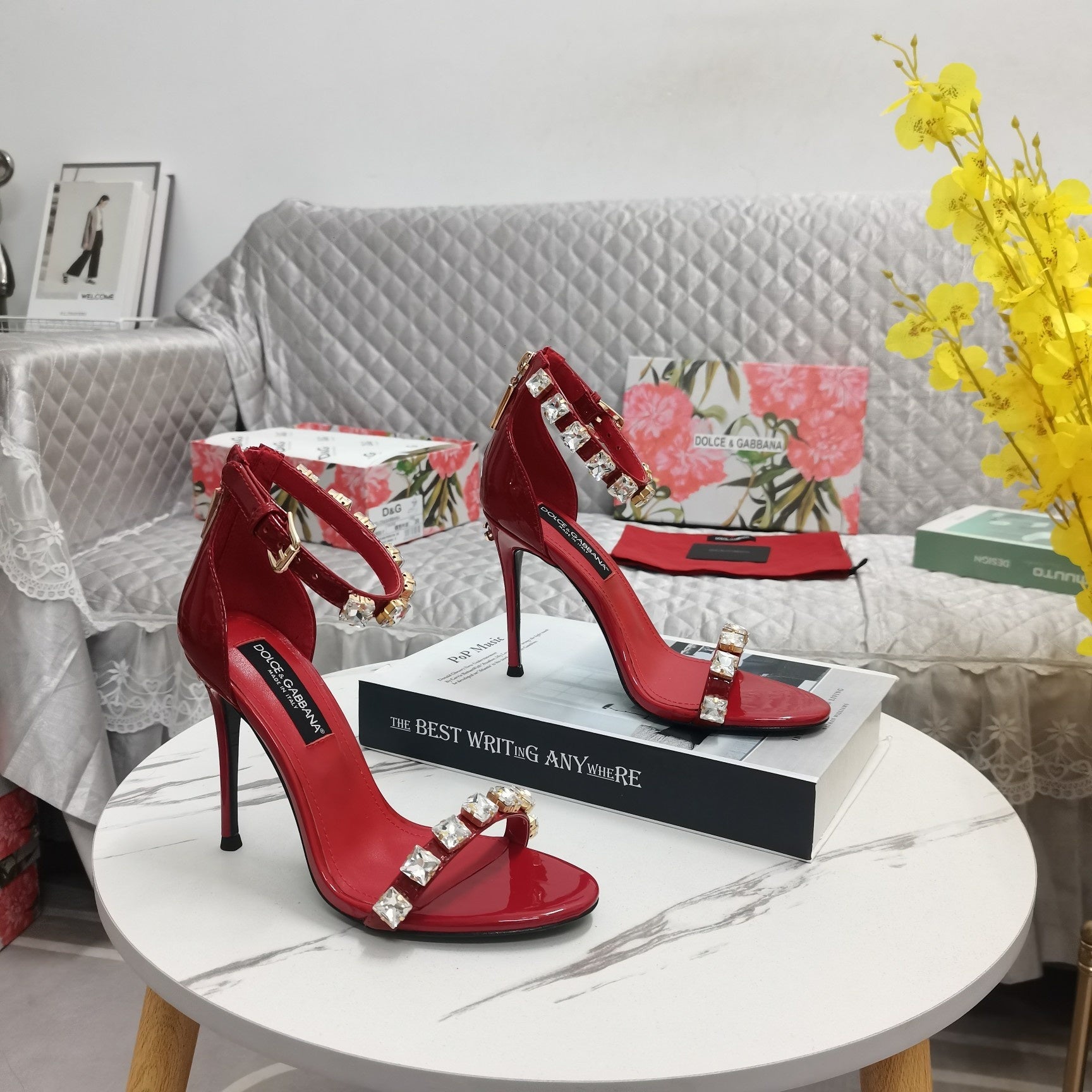 RED STRAPPY HEEL SANDALS WITH CRYSTAL EMBELLISHMENTS