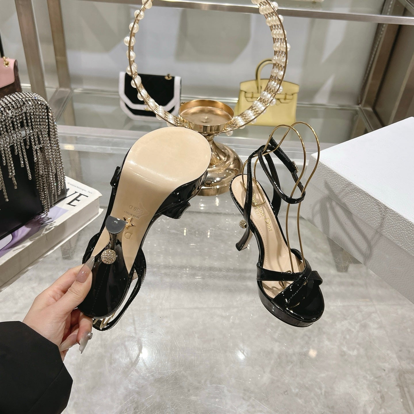 PATENT PLATFORM STRAPPY HEELS – BLACK