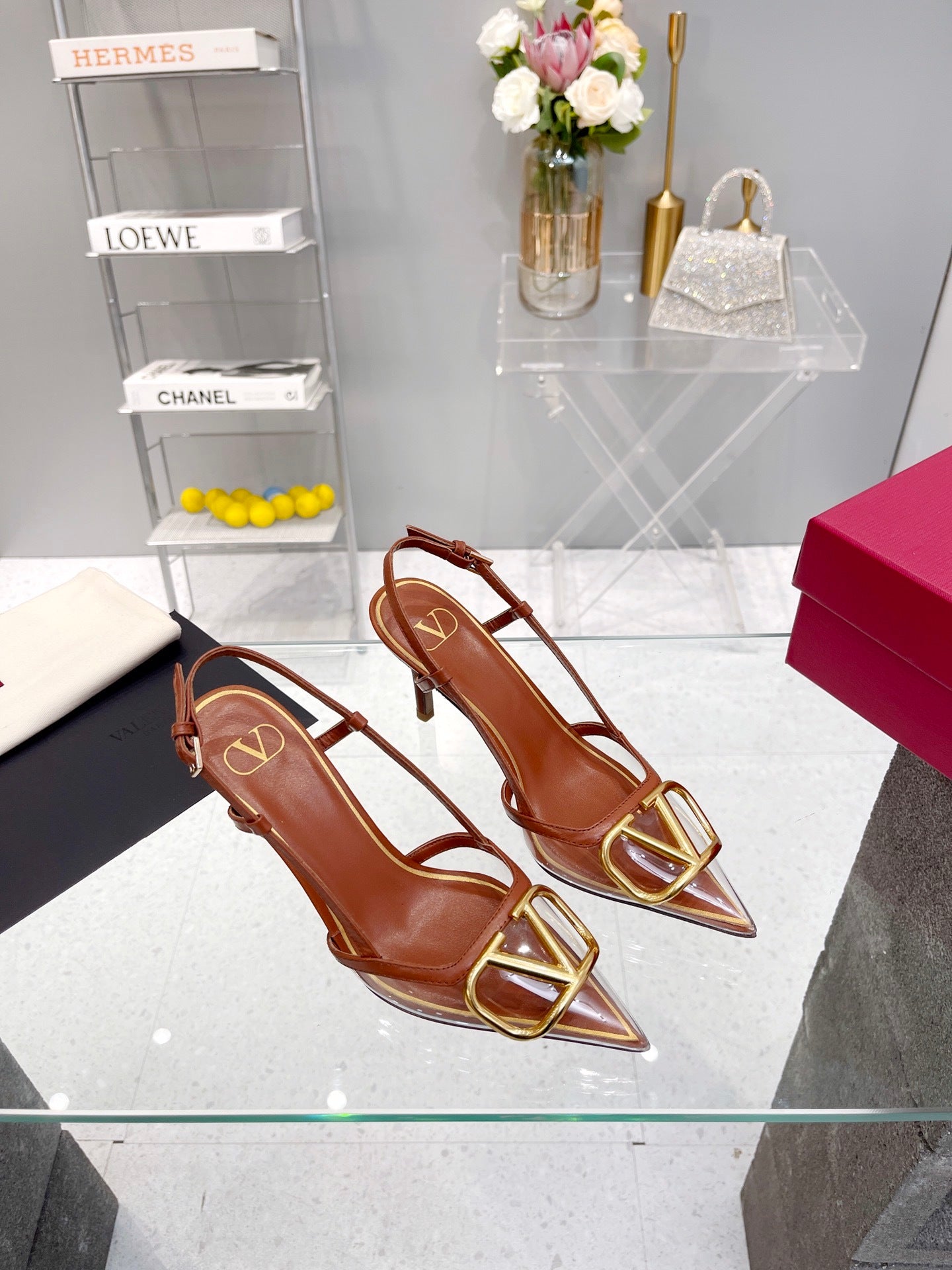CLEAR SLINGBACK HEELS – CARAMEL BROWN WITH GOLD LOGO DETAIL