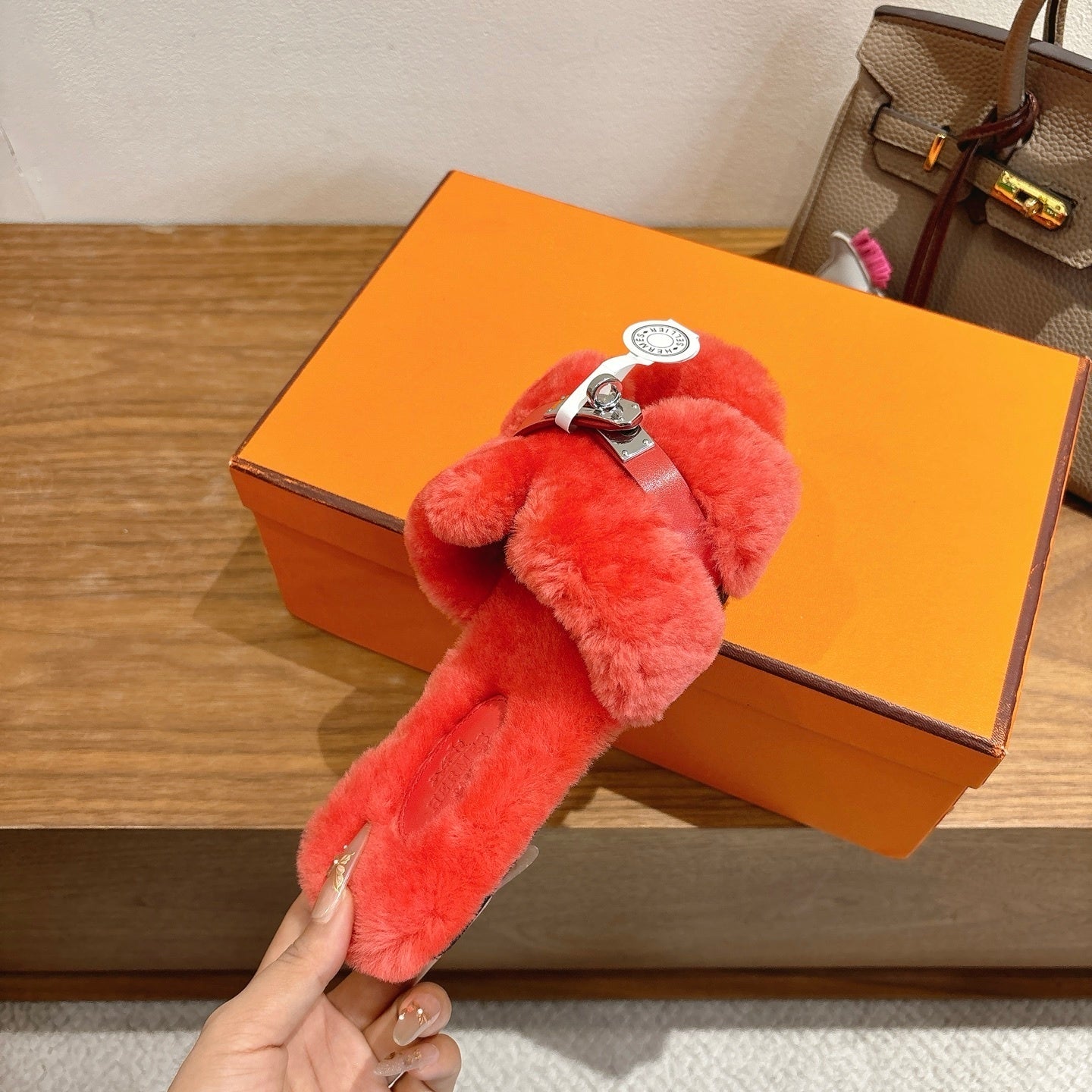 CORAL FAUX FUR MULE SLIPPERS WITH SILVER-TONE ACCENT