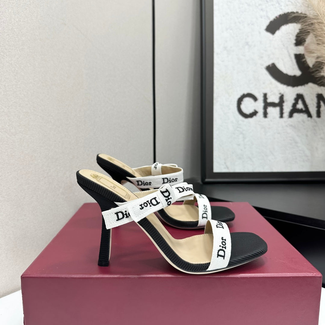 MONOCHROME LOGO STRAP STILETTO SANDALS