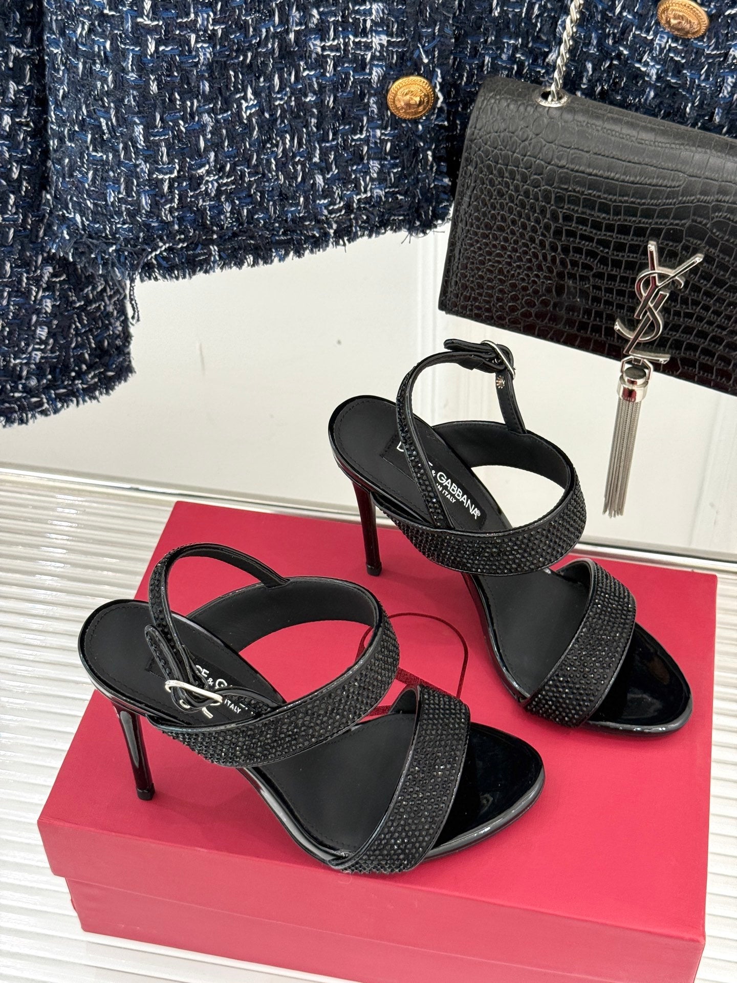 BLACK CRYSTAL-EMBELLISHED STRAPPY STILETTO HEELS