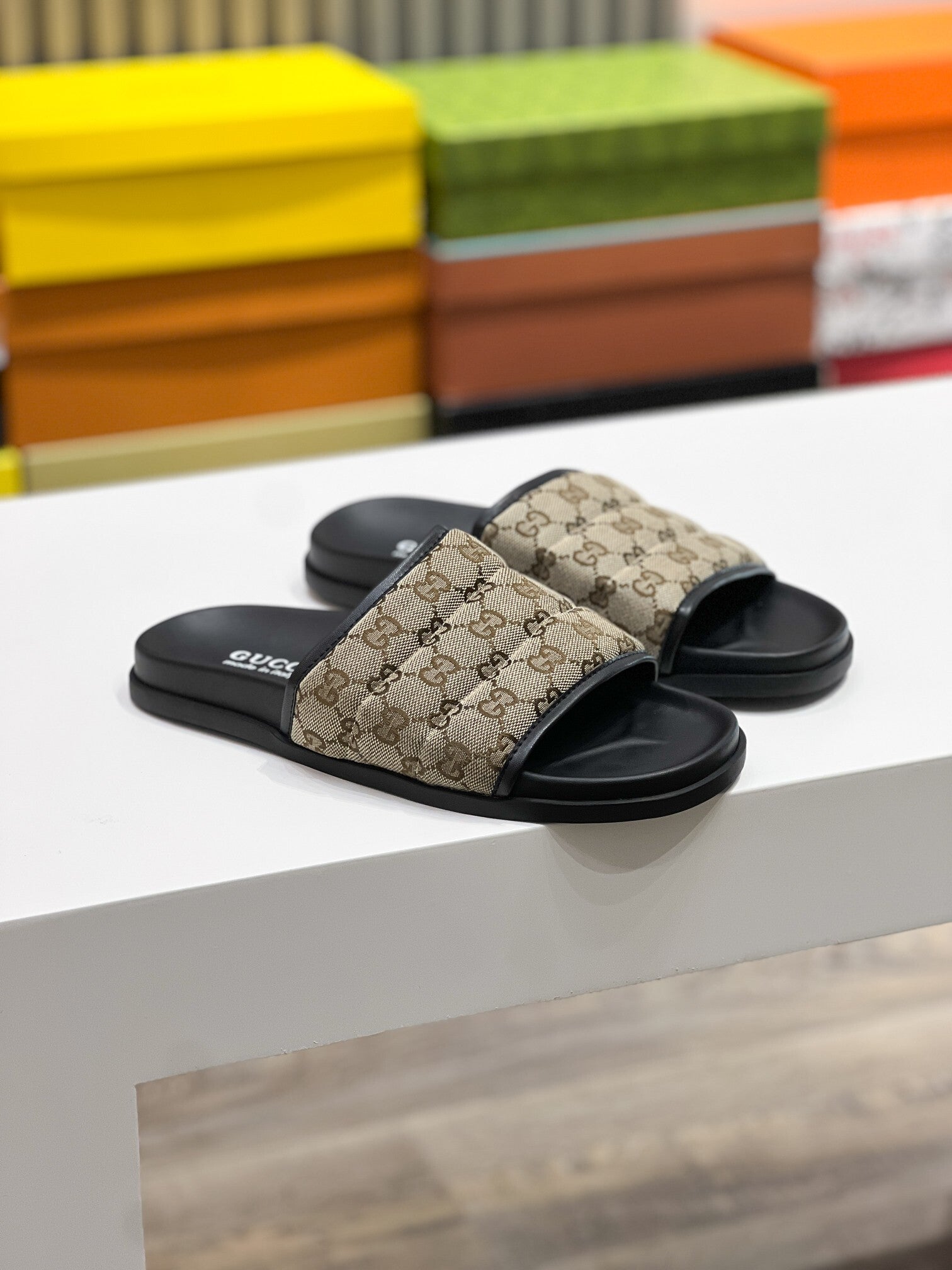 CLASSIC MONOGRAM PADDED SLIDE SANDALS – BEIGE