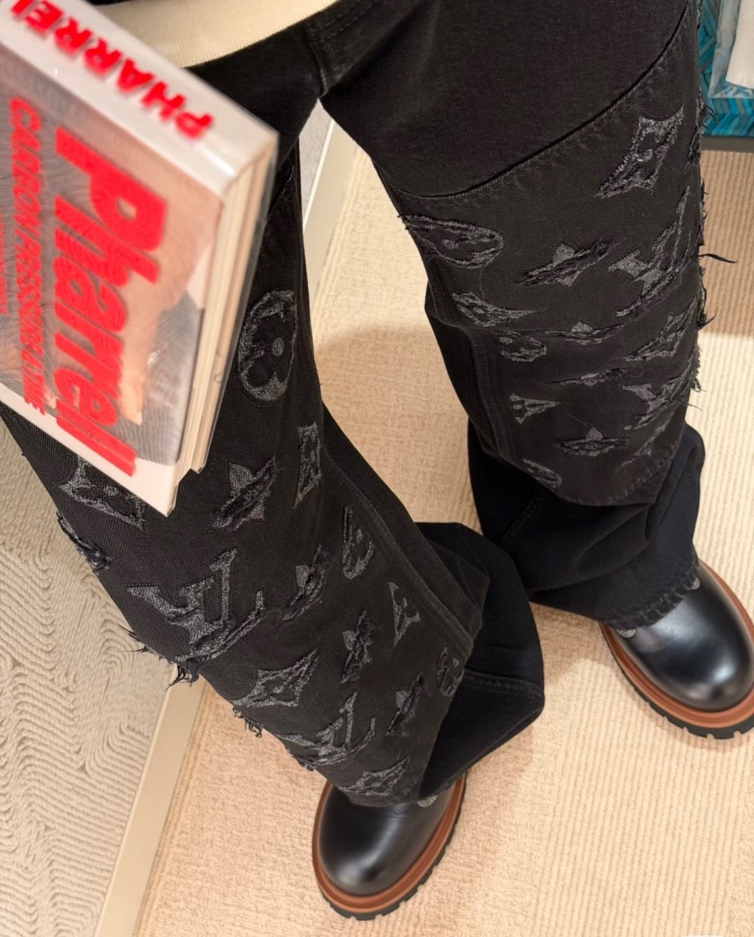 MONOGRAM PANEL STRAIGHT-LEG DENIM JEANS