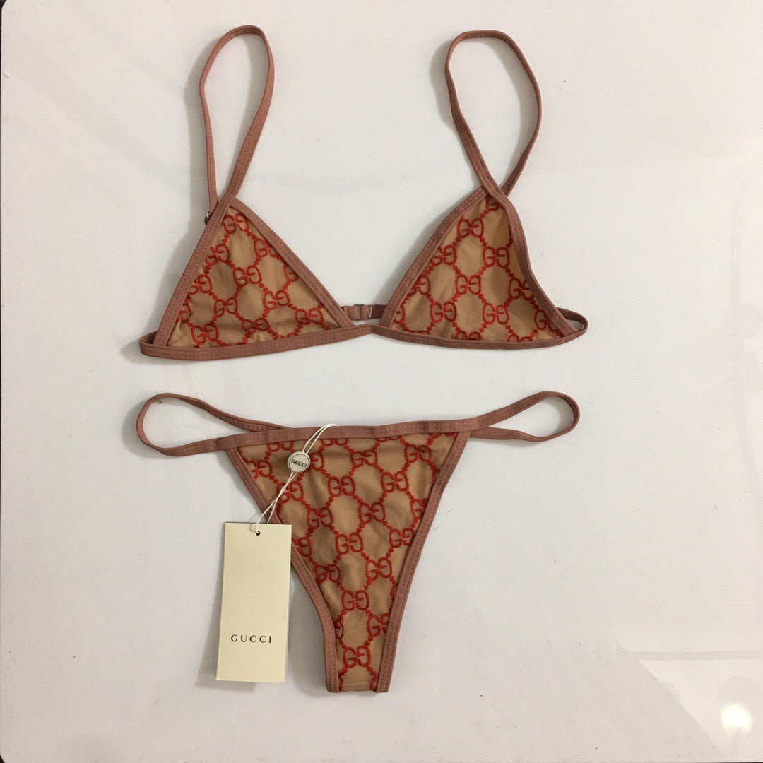 BEIGE & RED MONOGRAM TRIANGLE BIKINI SET