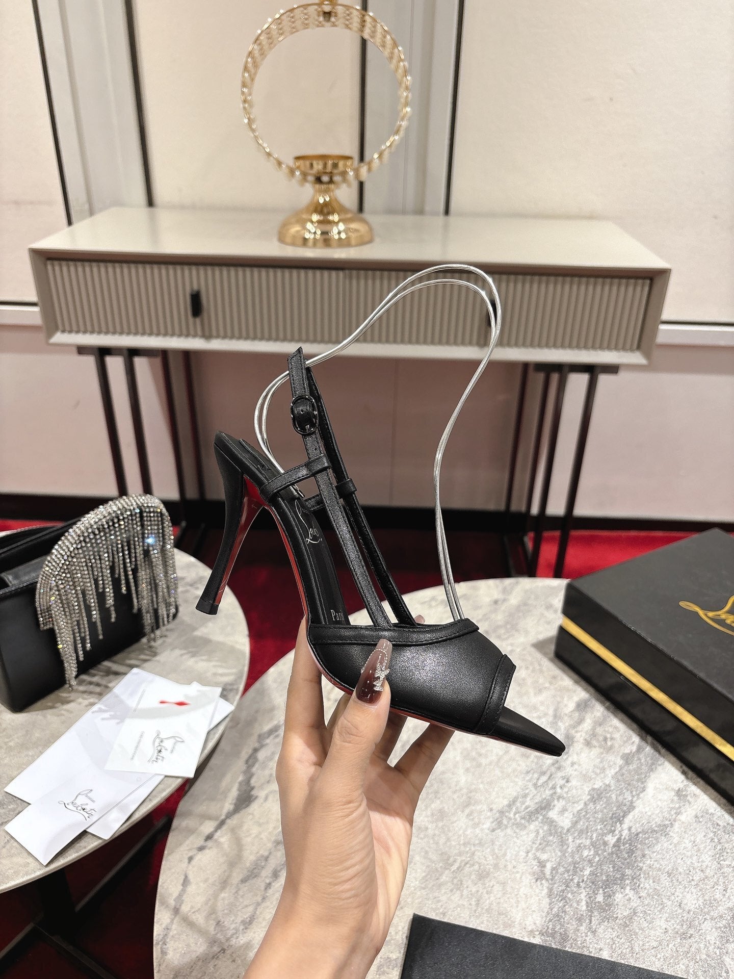 BLACK LEATHER STRAPPY OPEN-TOE SLINGBACK HEELS