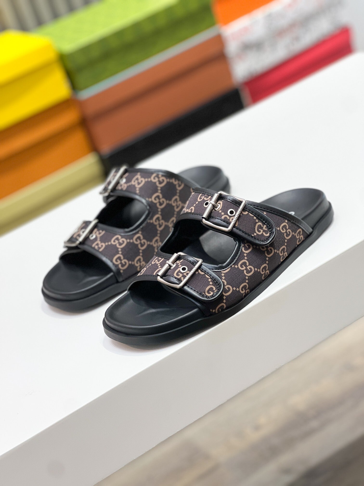 DOUBLE STRAP MONOGRAM BUCKLE SLIDE SANDALS