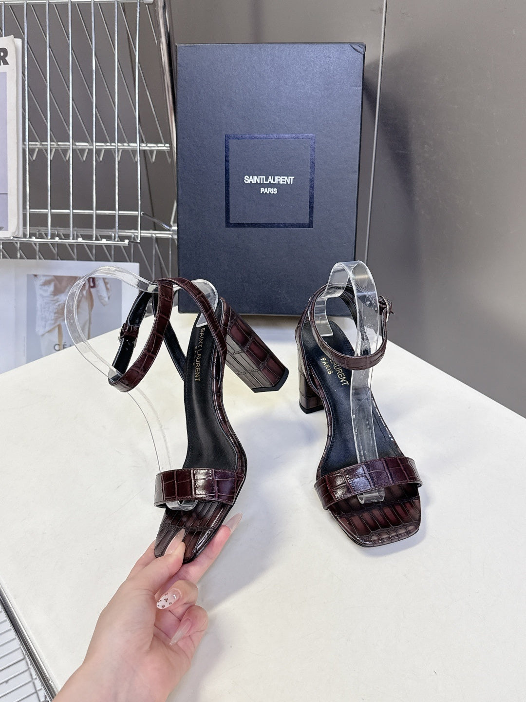 BROWN CROCODILE EMBOSSED STRAPPY HIGH HEELS