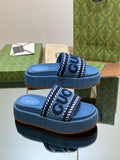 BLUE DENIM LOGO PLATFORM SLIDE SANDALS