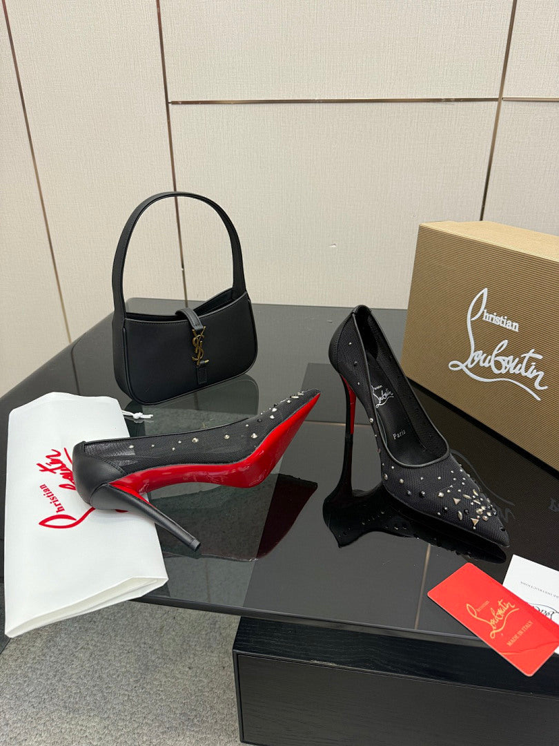 BLACK RHINESTONE MESH PUMPS