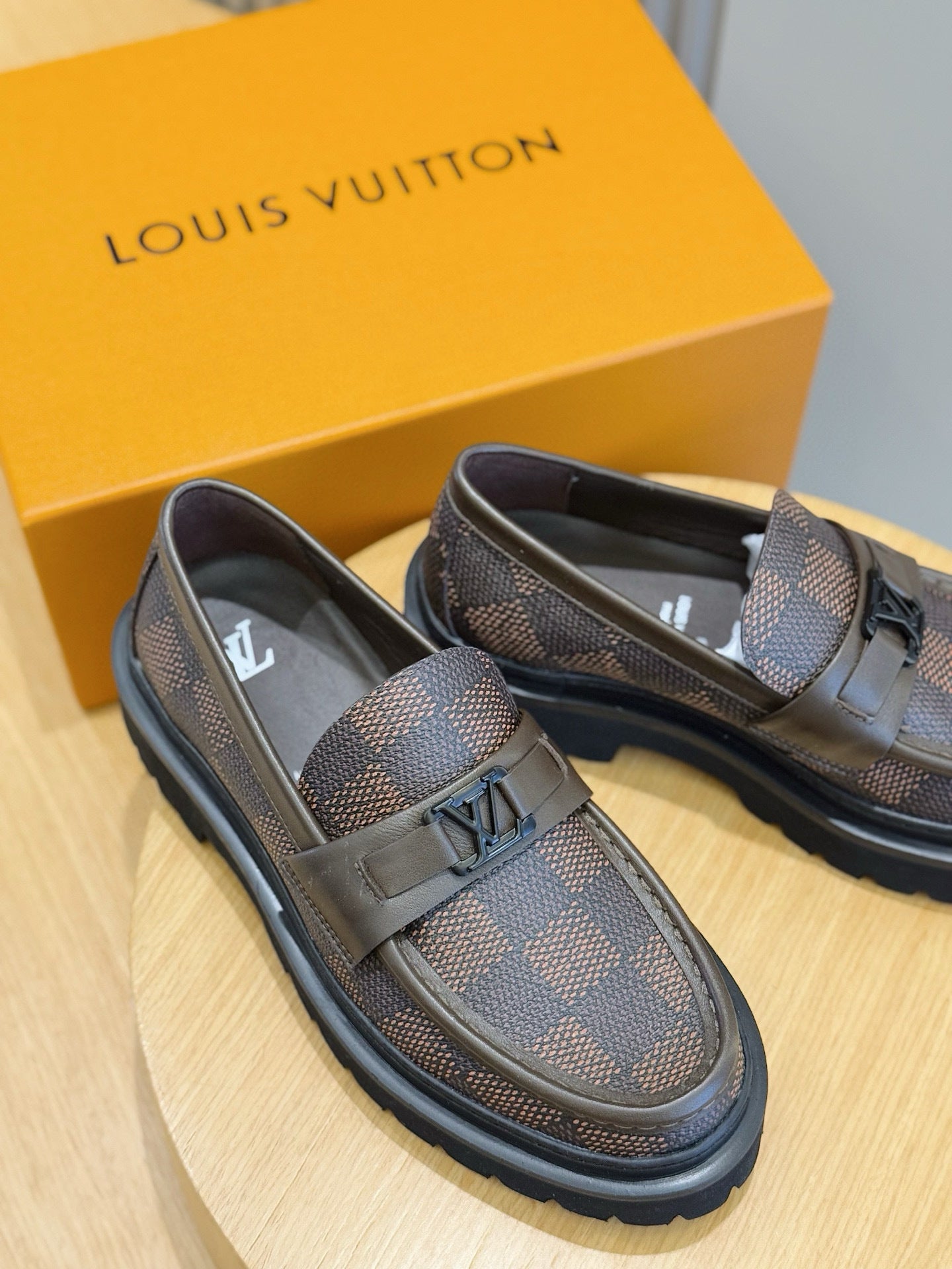 BROWN DAMIER CHUNKY SOLE LOAFERS