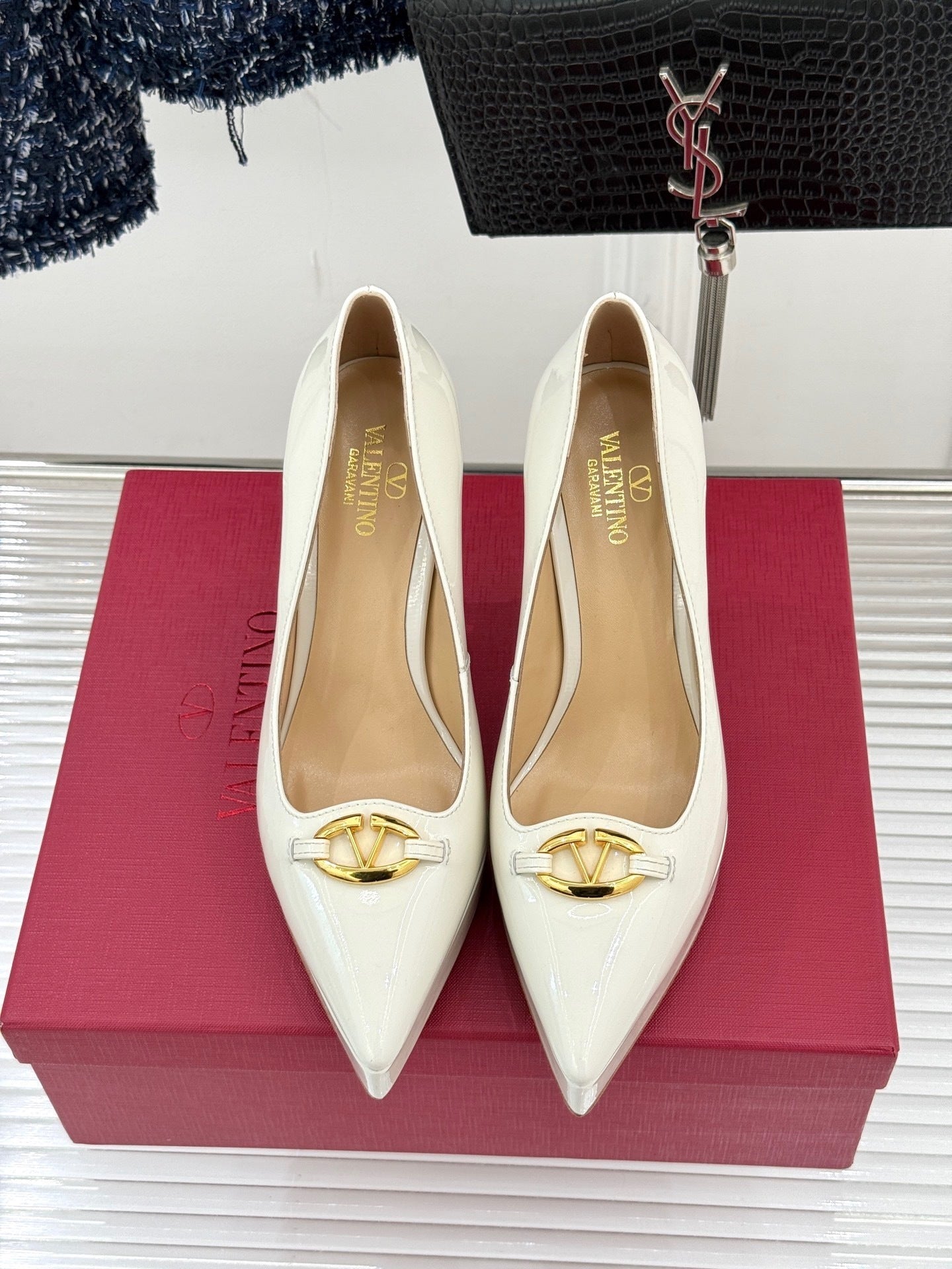 IVORY PATENT PLATFORM HEELS WITH GOLD ACCENT