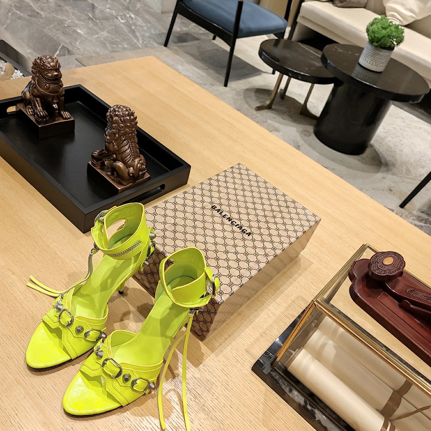 NEON GREEN BUCKLE STRAP HIGH HEEL SANDALS