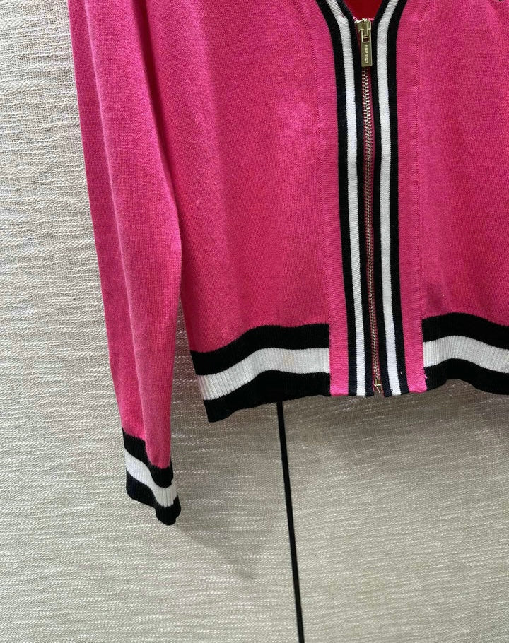ZIP-UP CONTRAST KNIT CARDIGAN