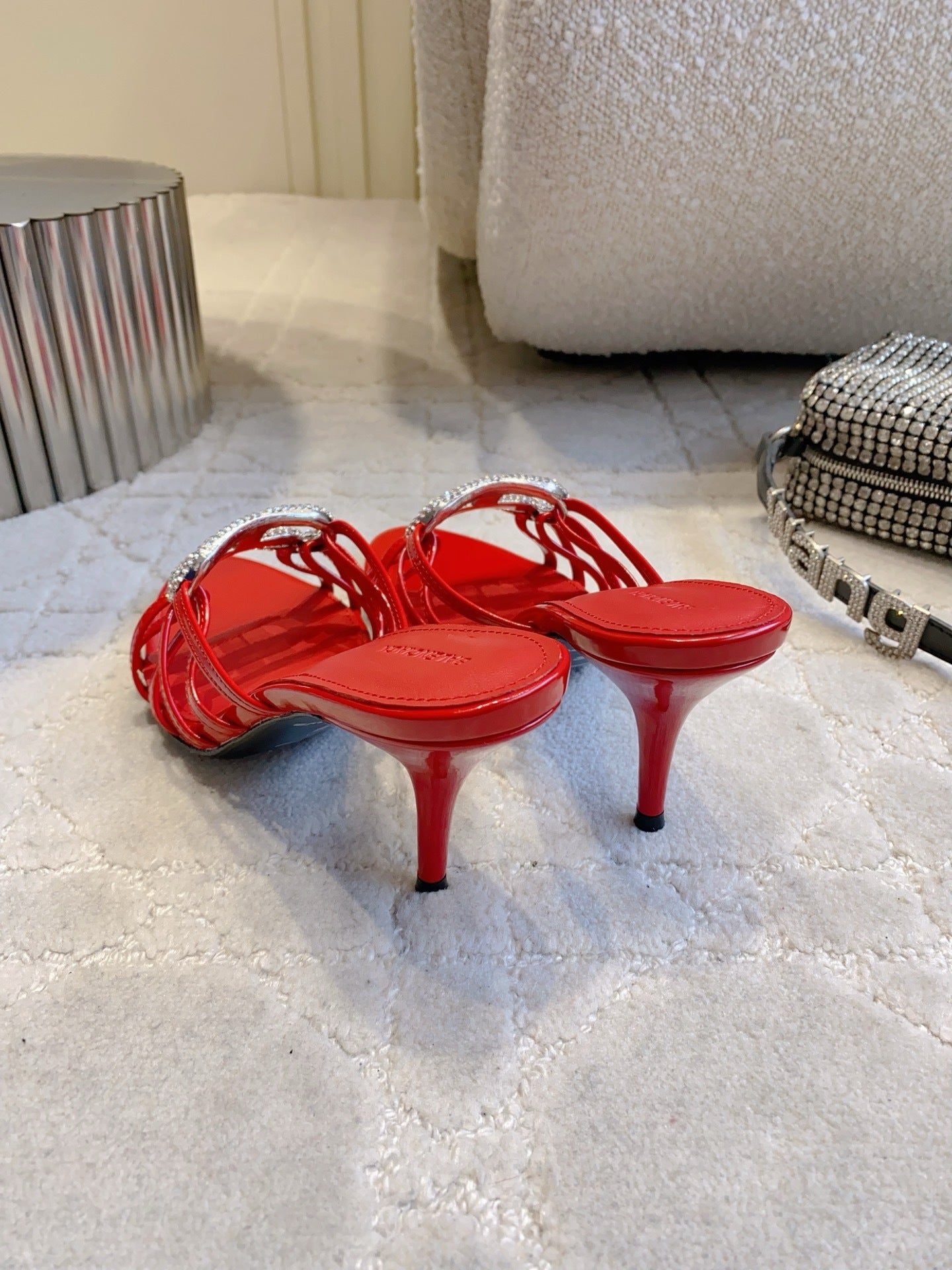 CRYSTAL EMBELLISHED RED STRAPPY HEELS