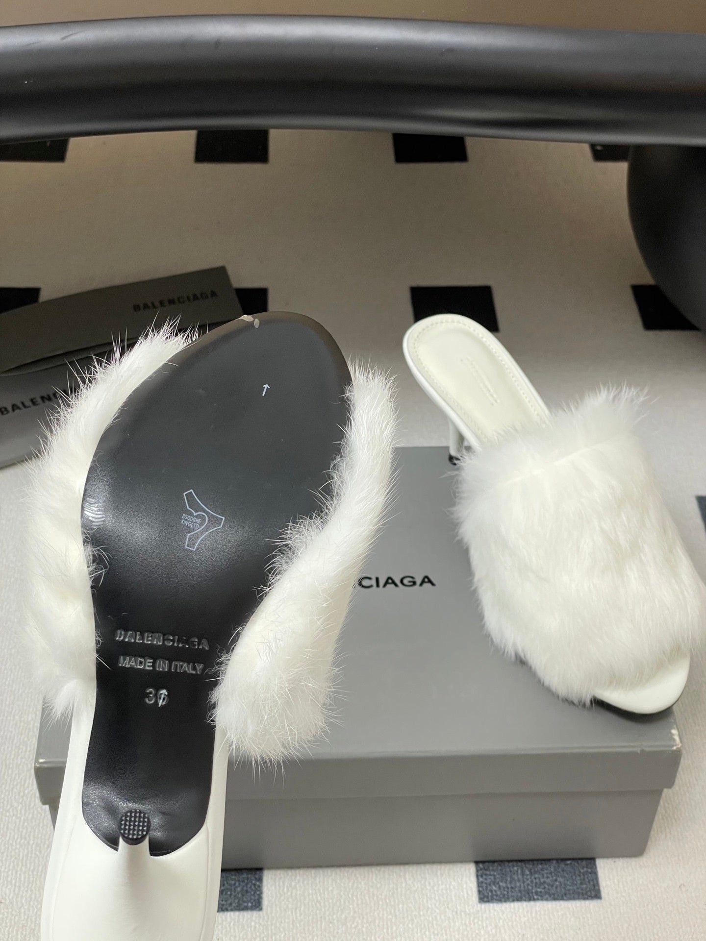 WHITE FUR STRAP MULE HEELS