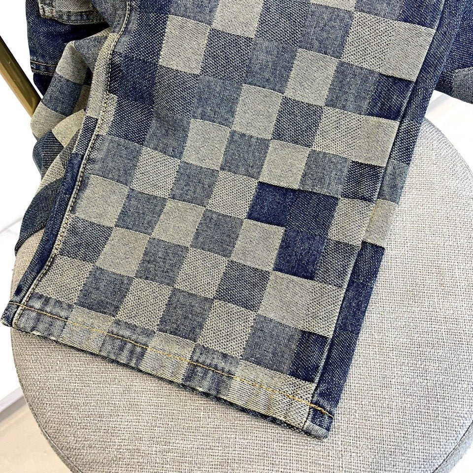 CHECKERED DENIM STRAIGHT-LEG JEANS