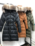 WOMEN’S BELTED LONG QUILTED WINTER COAT WITH FAUX FUR HOOD