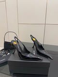 BLACK PATENT SLINGBACK POINTED HEELS