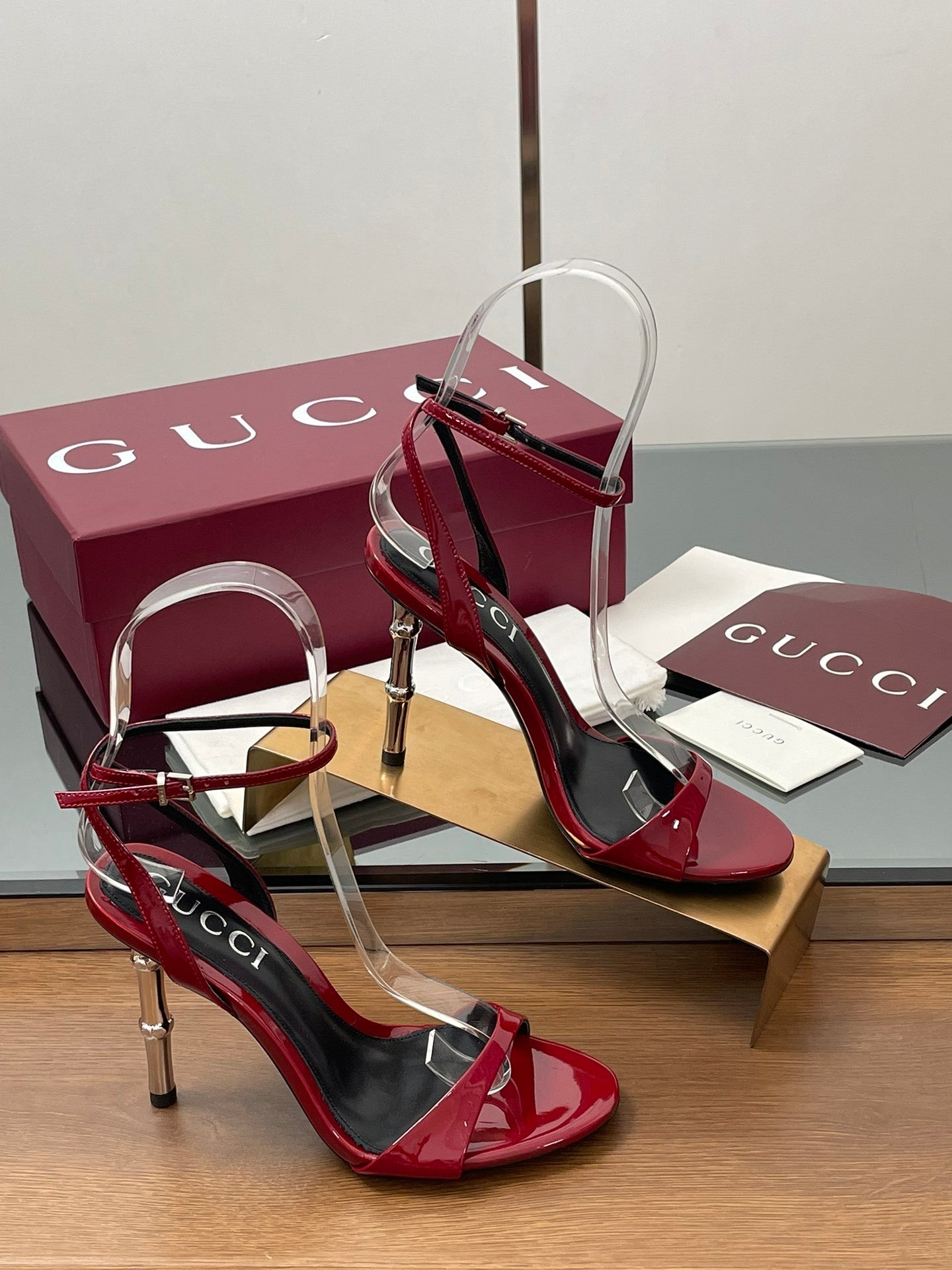 RED PATENT STRAPPY HEEL SANDALS WITH METALLIC HEEL