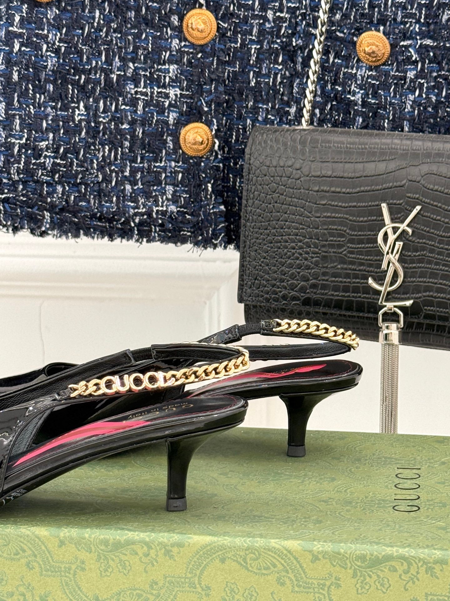 BLACK PATENT CHAIN SLINGBACK HEELS