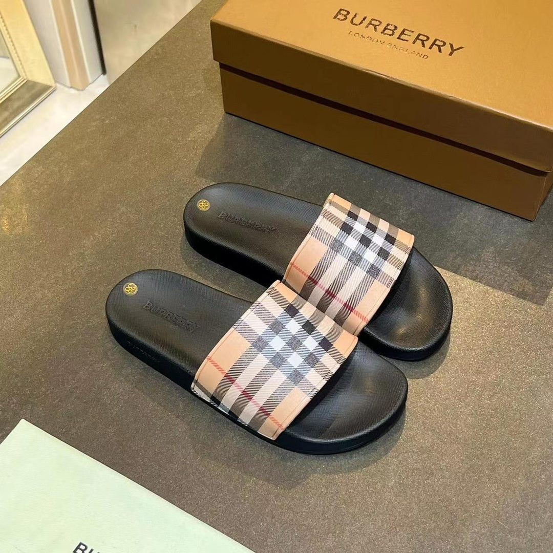 BEIGE CHECK PRINT SLIDE SANDALS