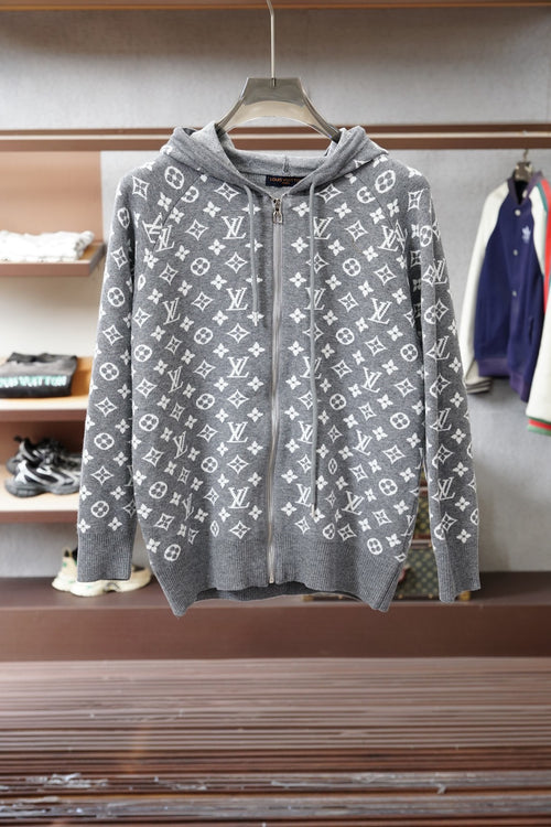 ALL-OVER PATTERN ZIP-UP KNIT HOODIE