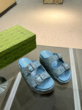 BLUE DENIM MONOGRAM DOUBLE-STRAP PLATFORM SANDALS