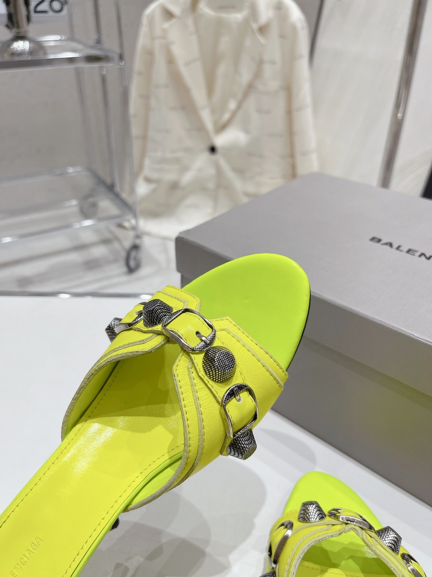 NEON GREEN EMBELLISHED MID HEEL MULE SANDALS