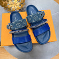 BLUE MULTI-STRAP CHAIN DETAIL SLIDE SANDALS