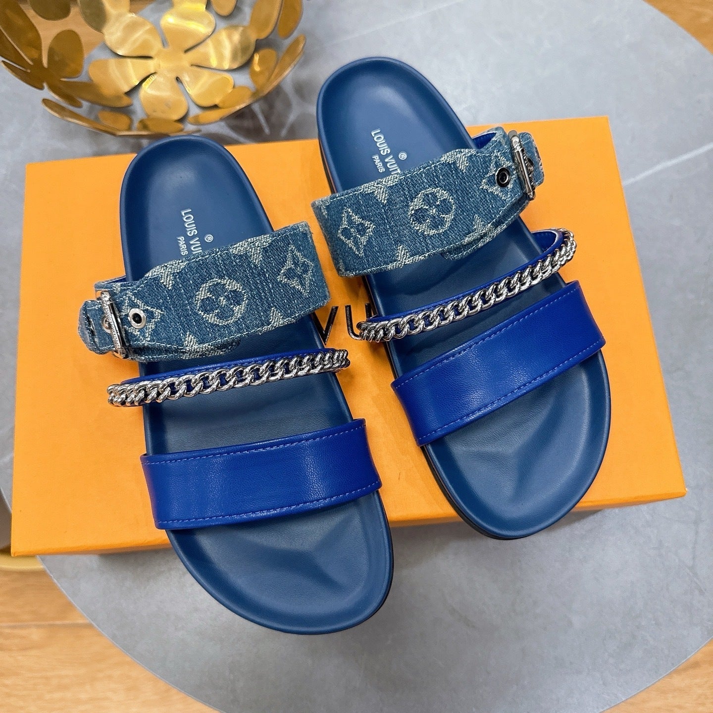 BLUE MULTI-STRAP CHAIN DETAIL SLIDE SANDALS