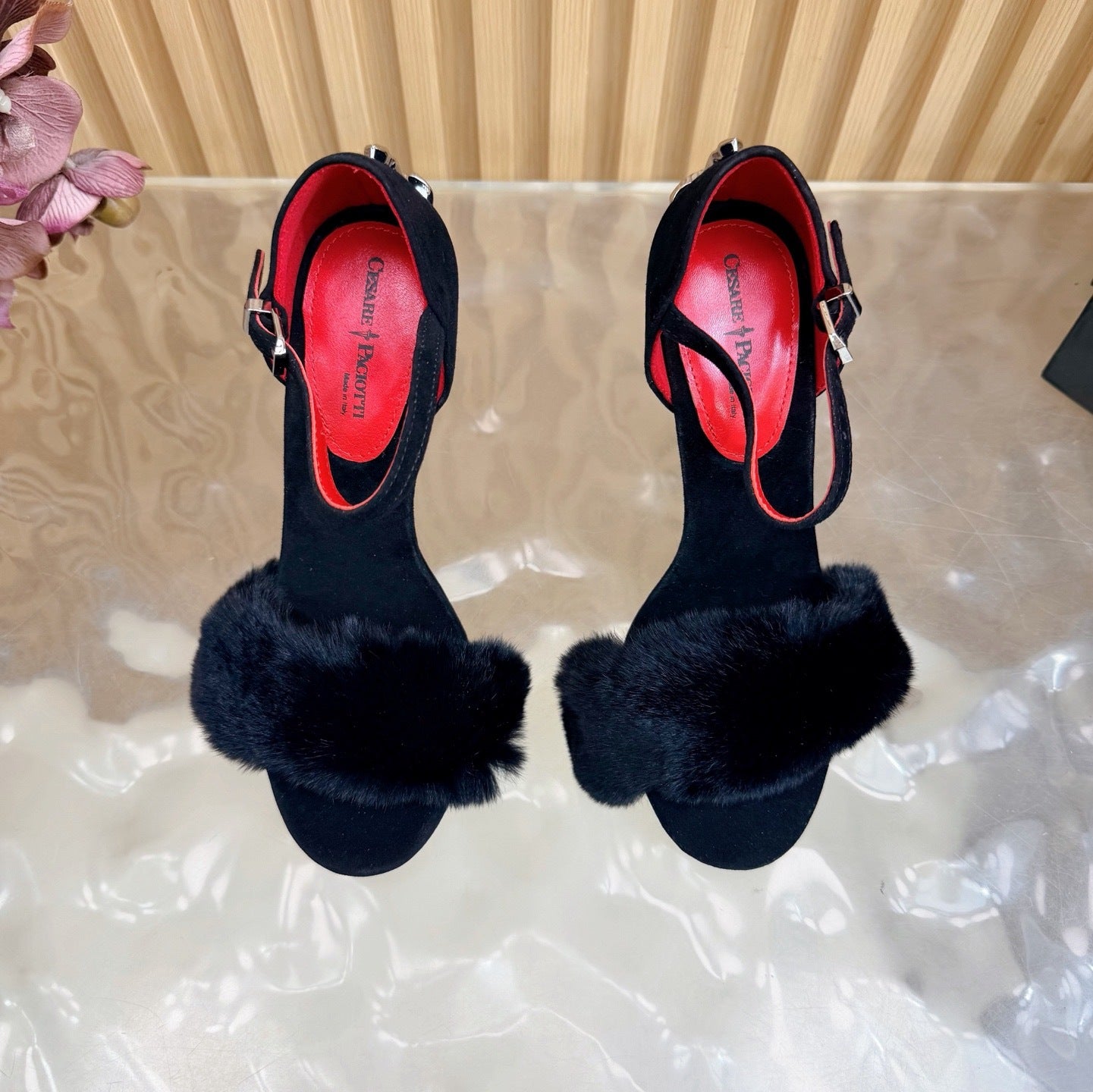 FUR DETAIL STILETTO HEELS – BLACK LUXE EVENING SANDALS