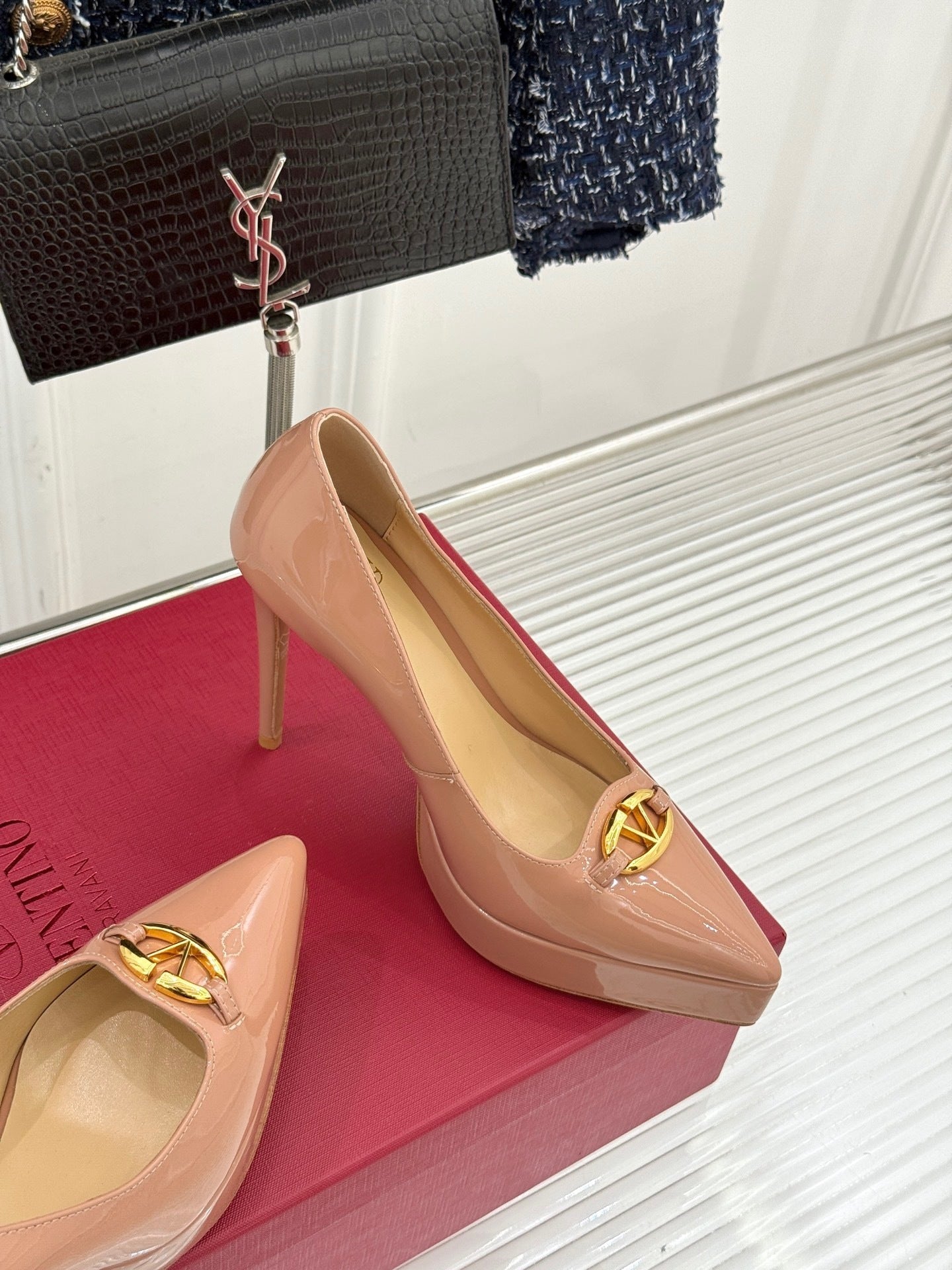 BLUSH PATENT PLATFORM PUMPS WITH GOLD ACCENT