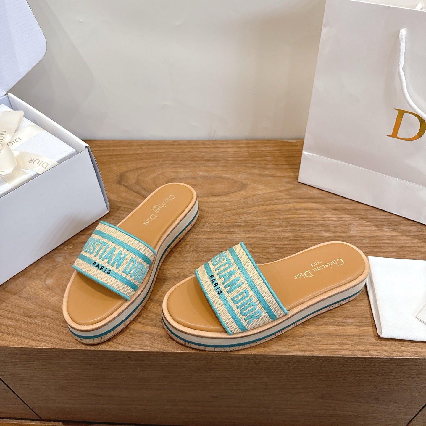 TURQUOISE & BEIGE LOGO STRAP PLATFORM SLIDE SANDALS