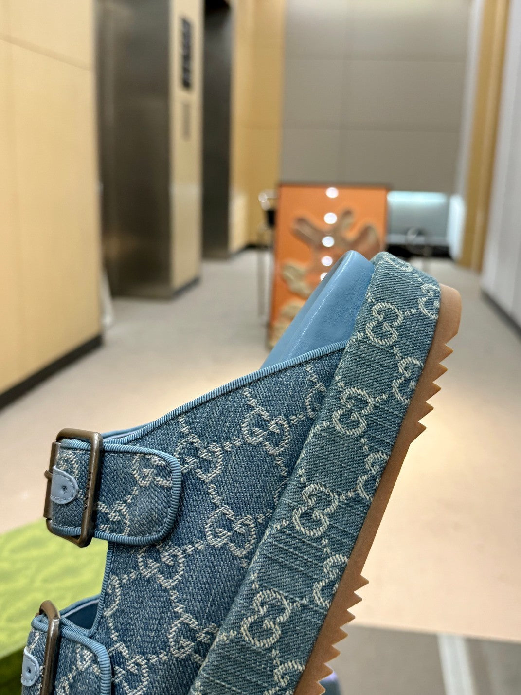 BLUE DENIM MONOGRAM DOUBLE-STRAP PLATFORM SANDALS