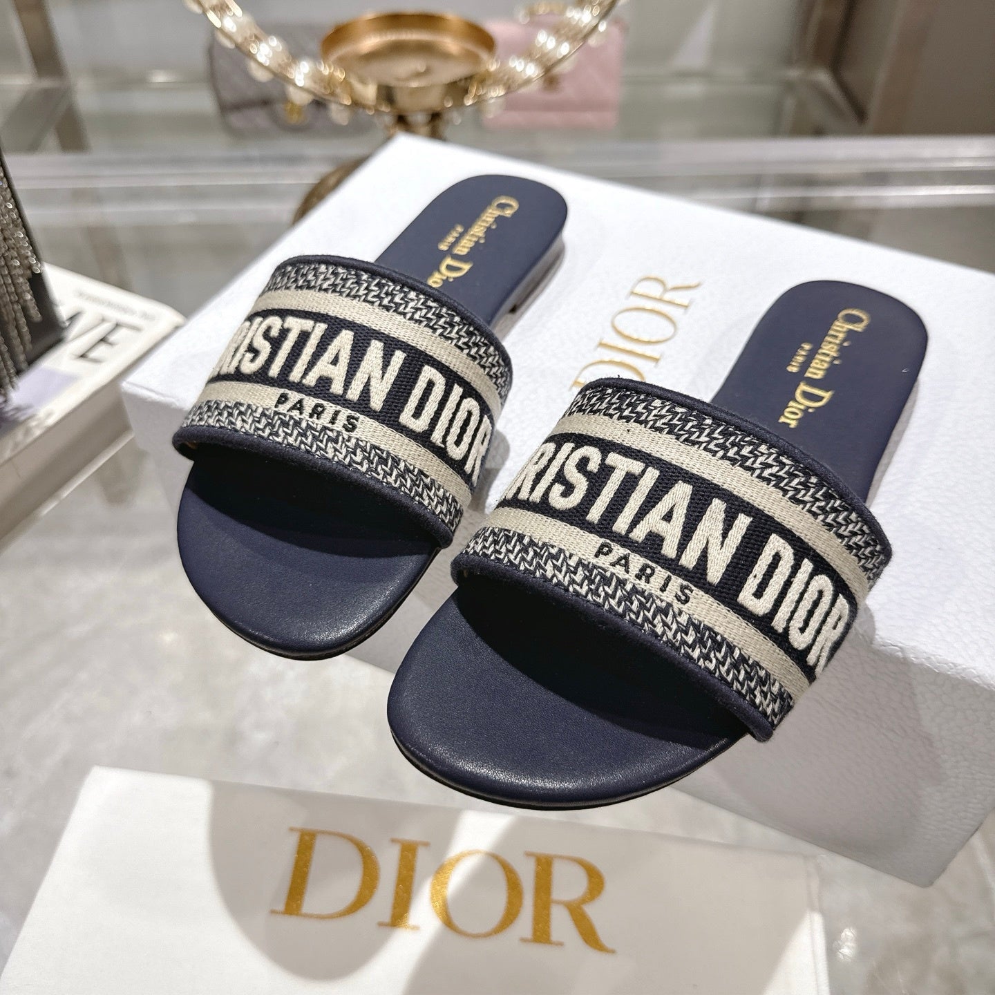 LOGO JACQUARD FLAT SLIDES – NAVY
