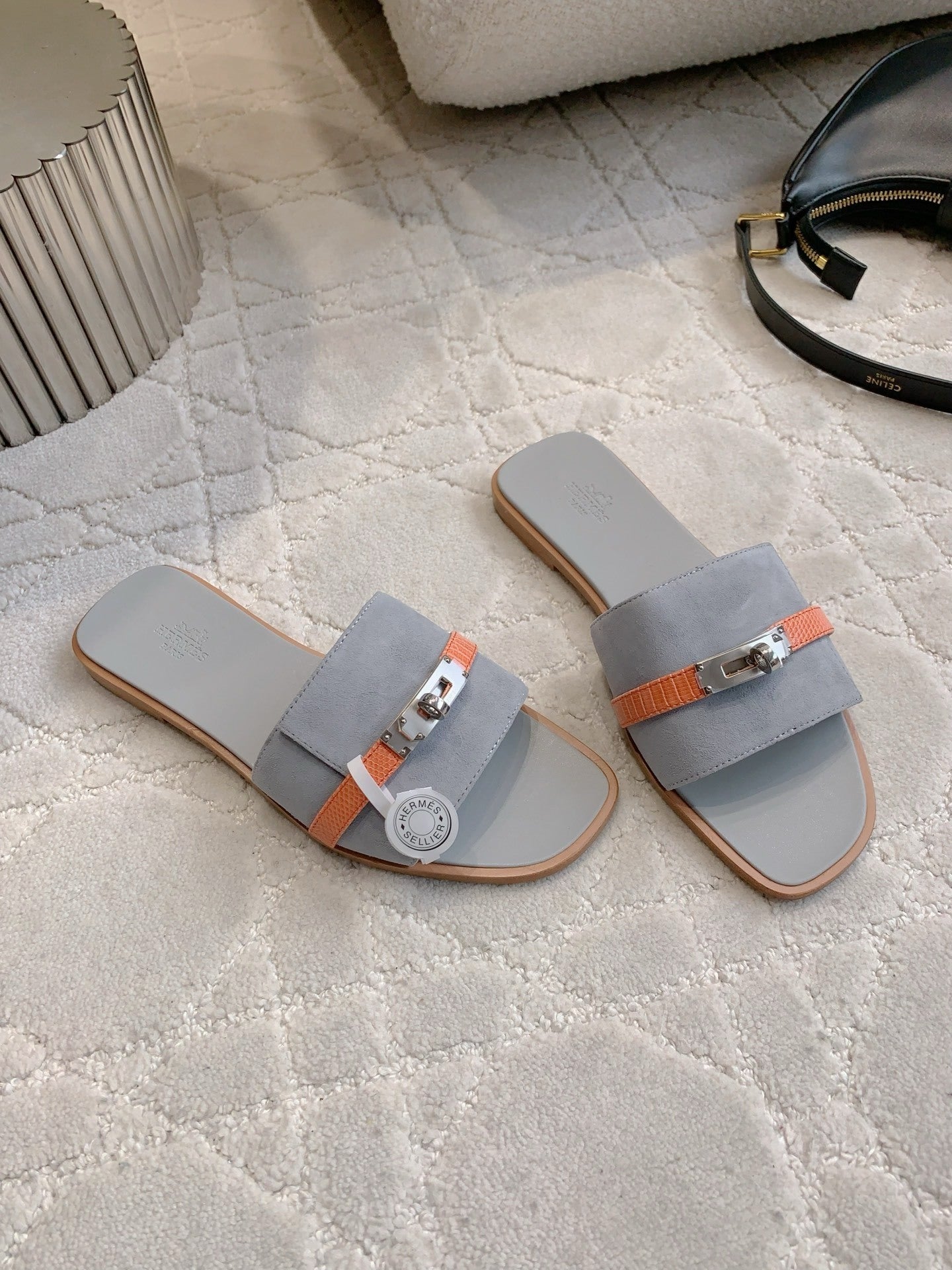 SUEDE STYLE FLAT SLIDES WITH CONTRAST STRAP DETAIL