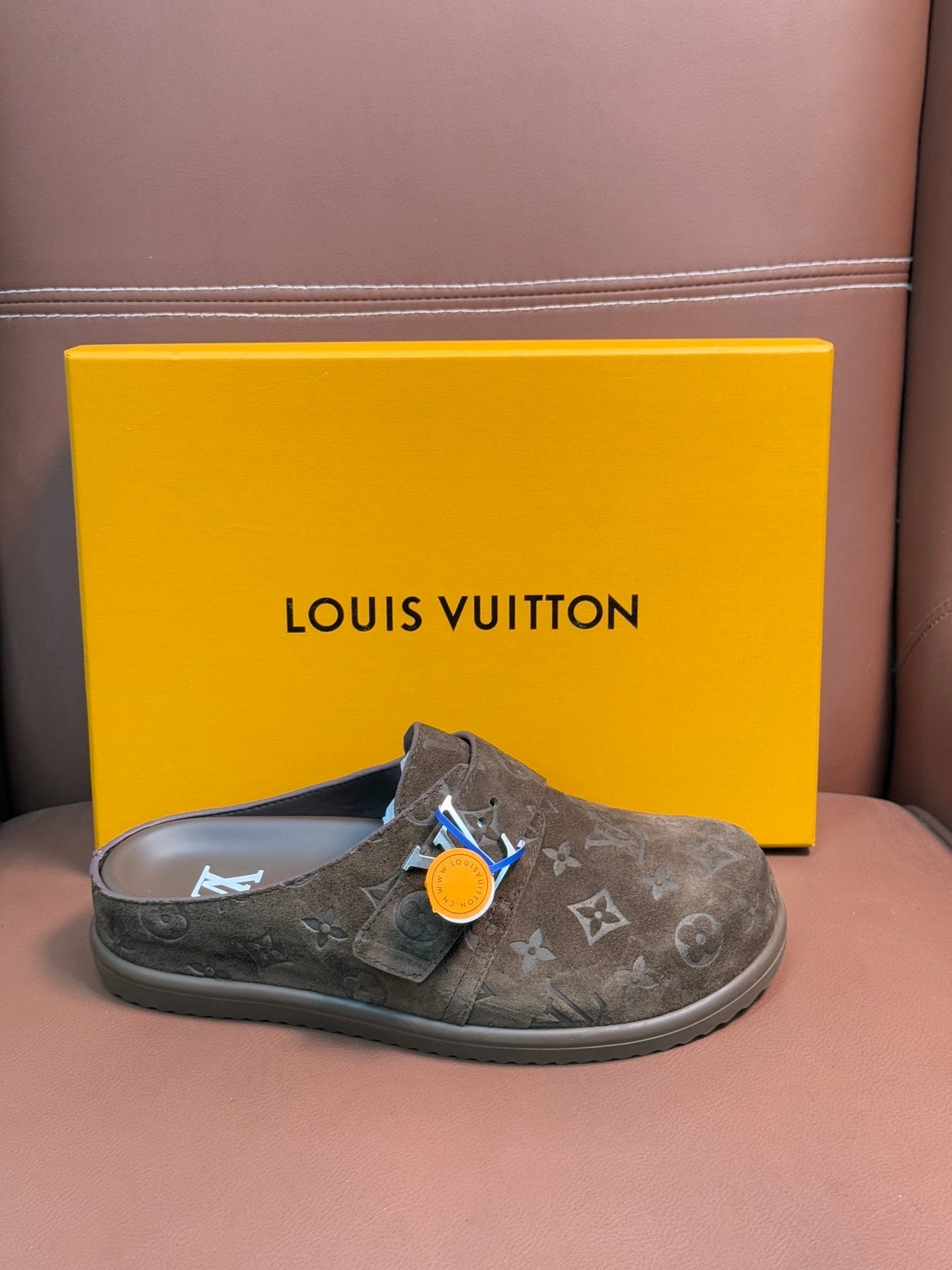 BROWN EMBOSSED SUEDE SLIDE CLOGS