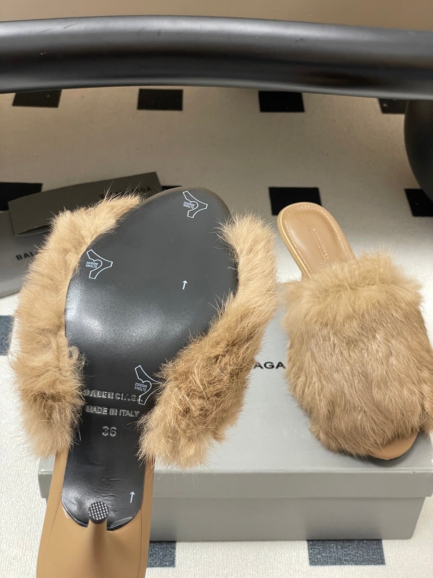 BEIGE FUR STRAP MULE HEELS