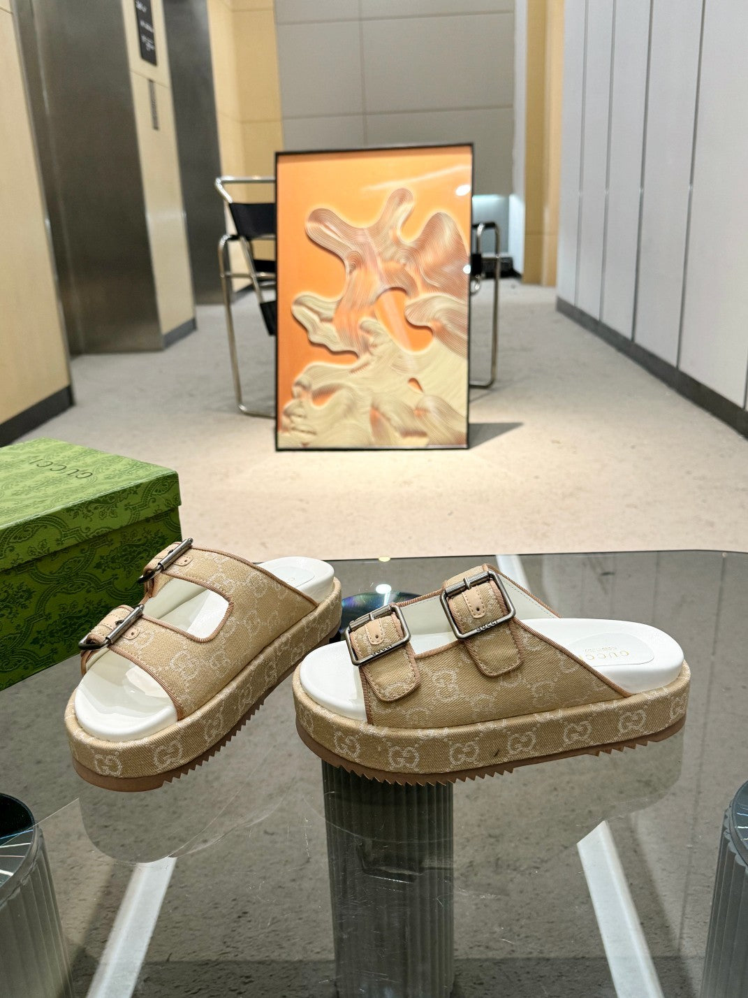 BEIGE MONOGRAM DOUBLE-STRAP SANDALS