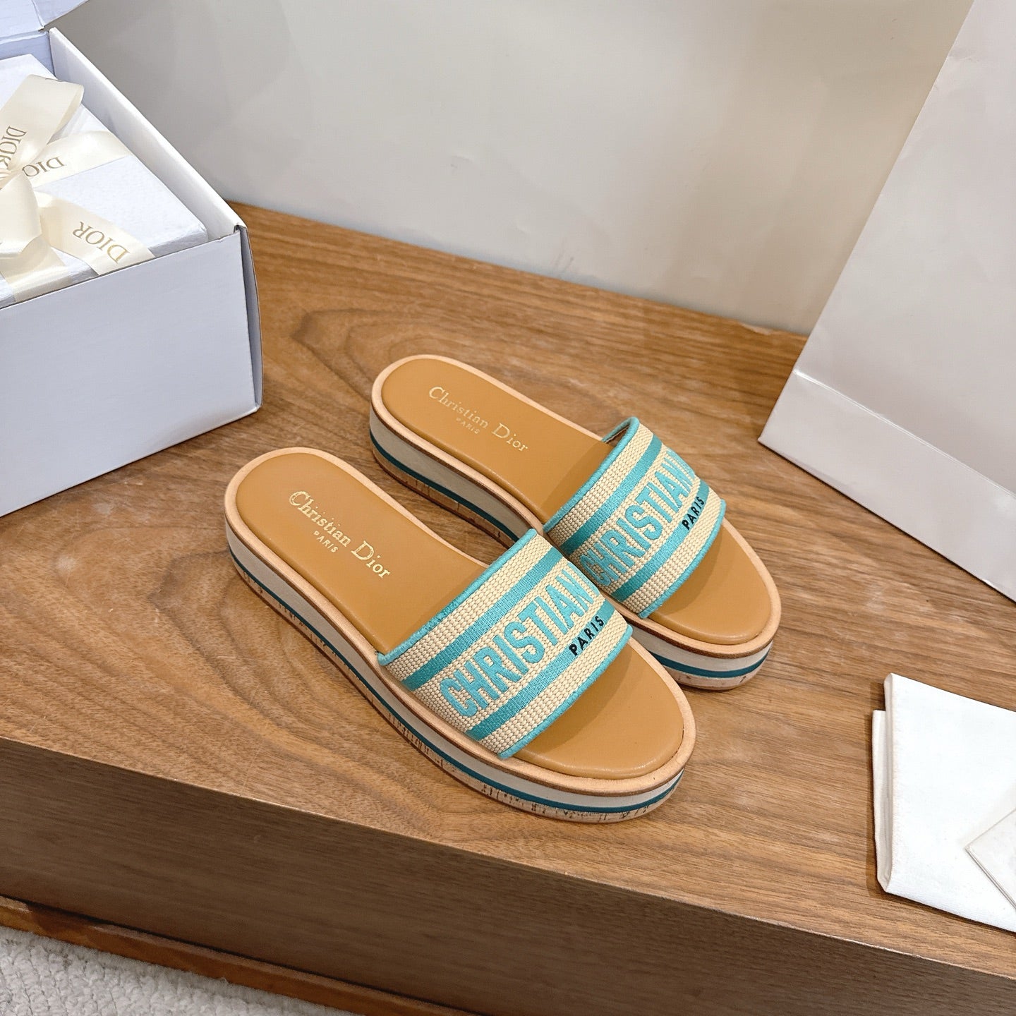 TURQUOISE & BEIGE LOGO STRAP PLATFORM SLIDE SANDALS