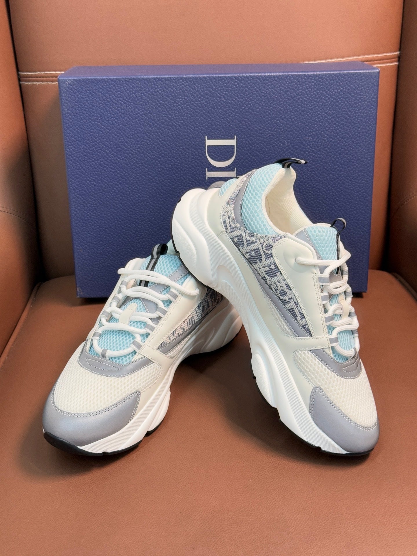 WHITE, GREY & ICE BLUE MONOGRAM CHUNKY SNEAKERS