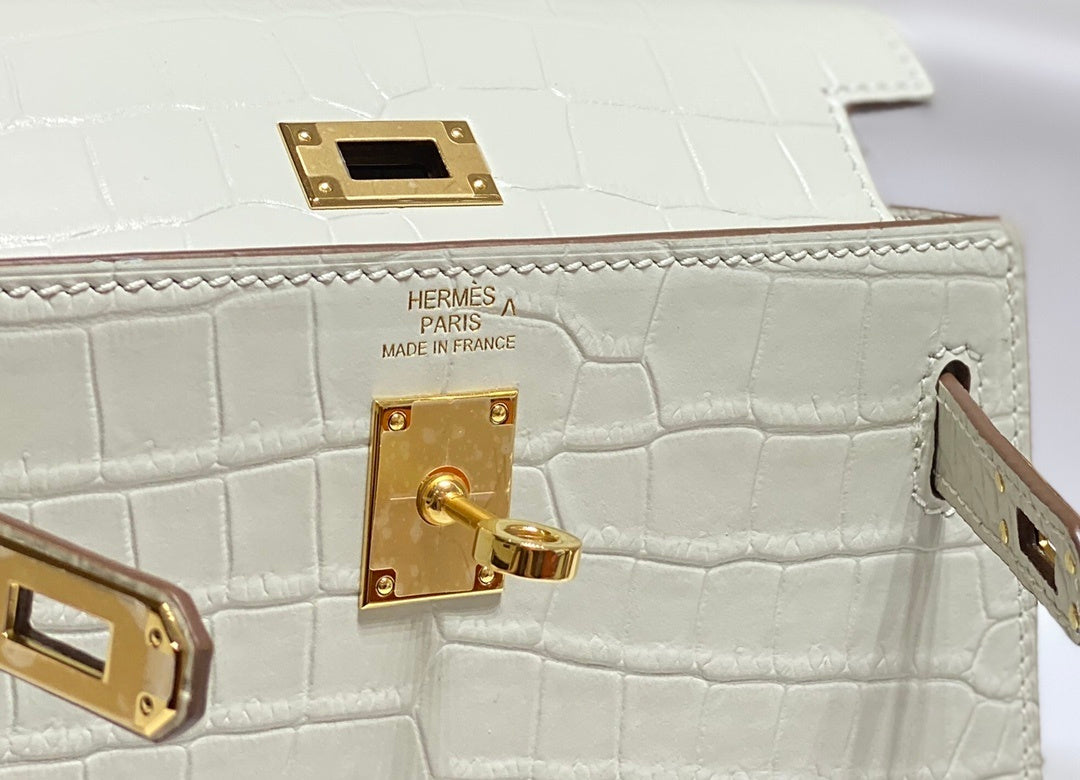 LUXURY WHITE CROCODILE EMBOSSED MINI TOP HANDLE HANDBAG WITH GOLD HARDWARE