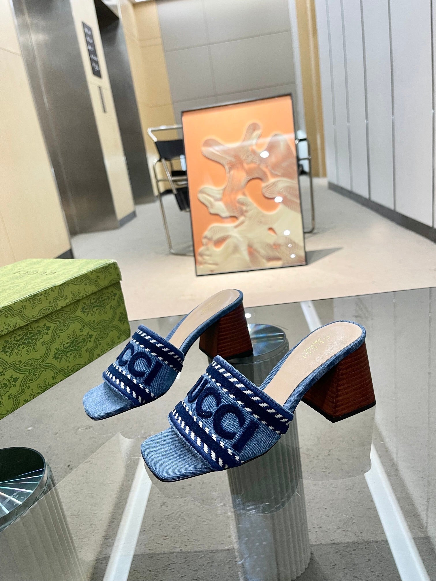 DENIM BLOCK HEEL SANDALS