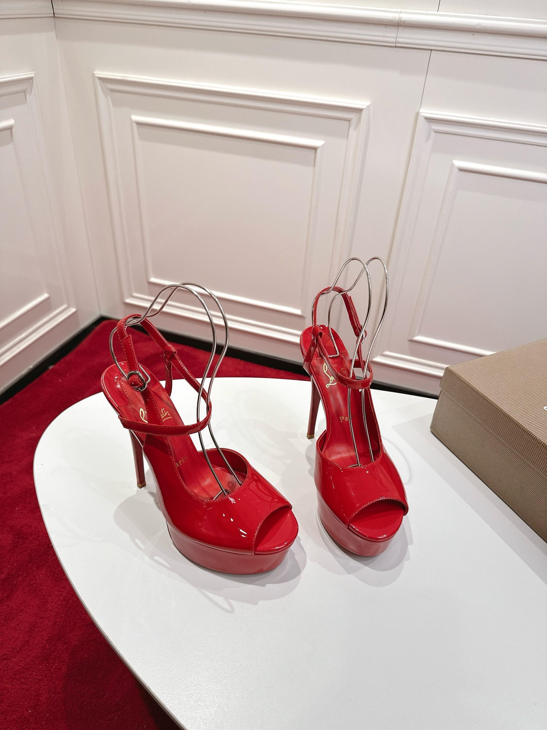 RED PATENT PLATFORM PEEP-TOE ANKLE STRAP HEELS
