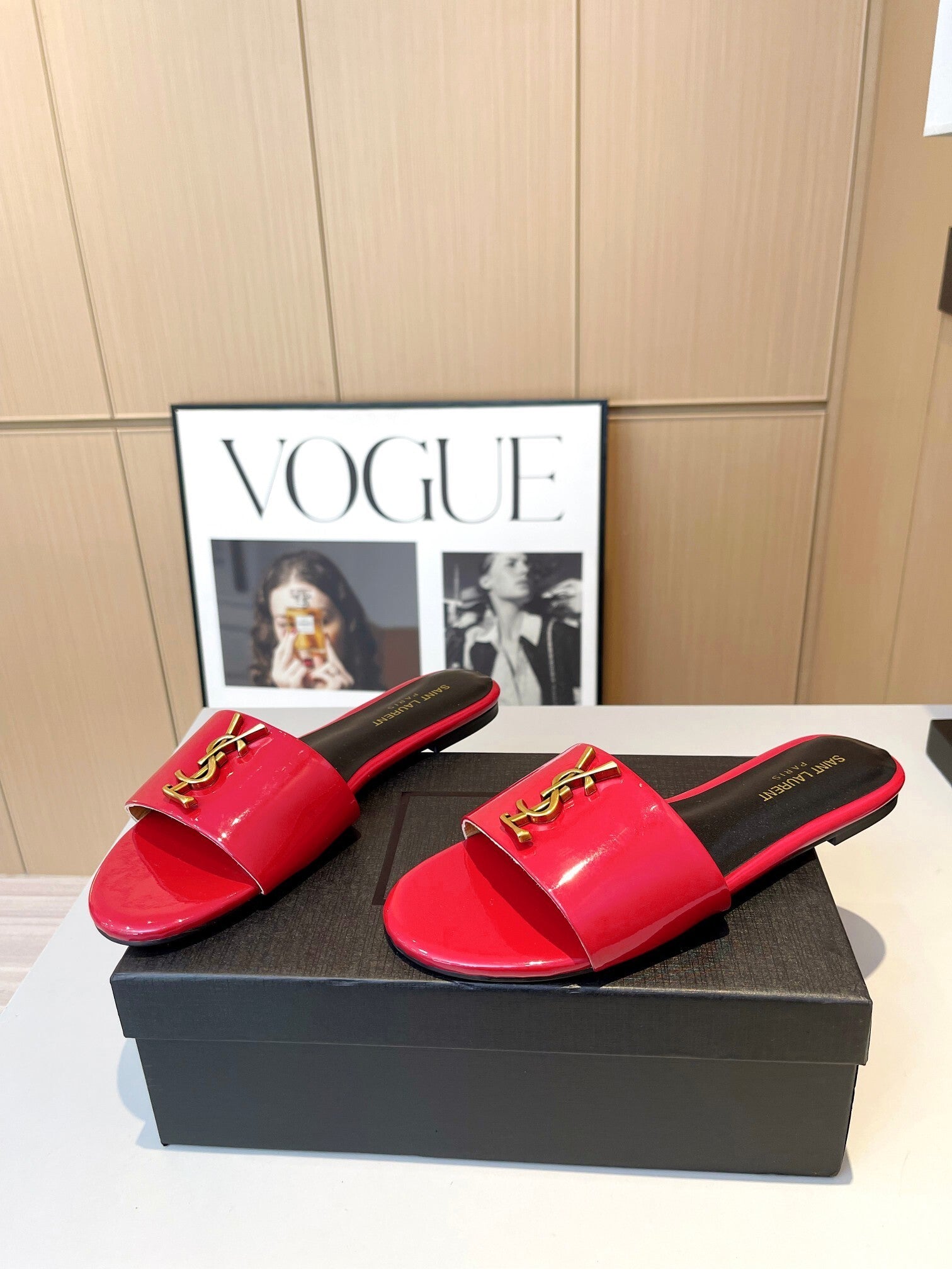 RED PATENT SLIDE SANDALS