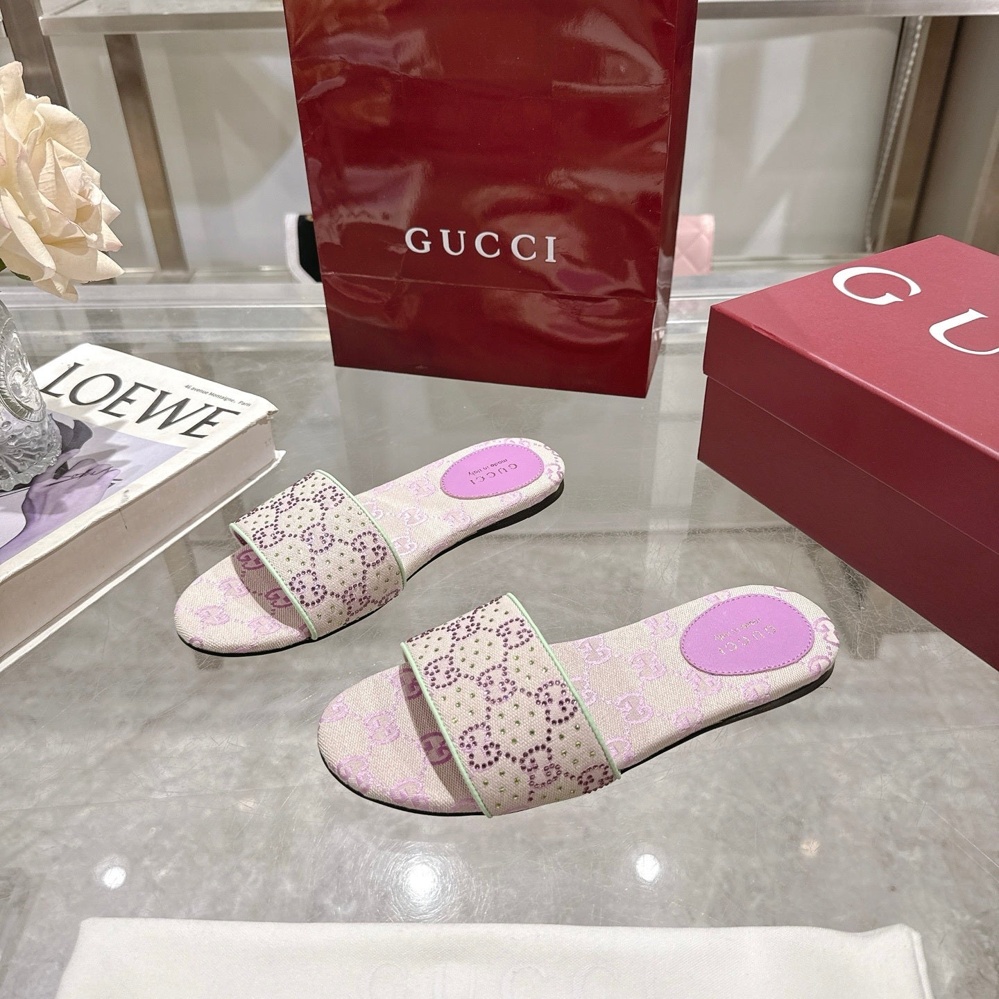 PINK EMBELLISHED SLIDE SANDALS