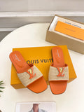 WOVEN STRAP MONOGRAM DETAIL SLIDE SANDALS – ORANGE