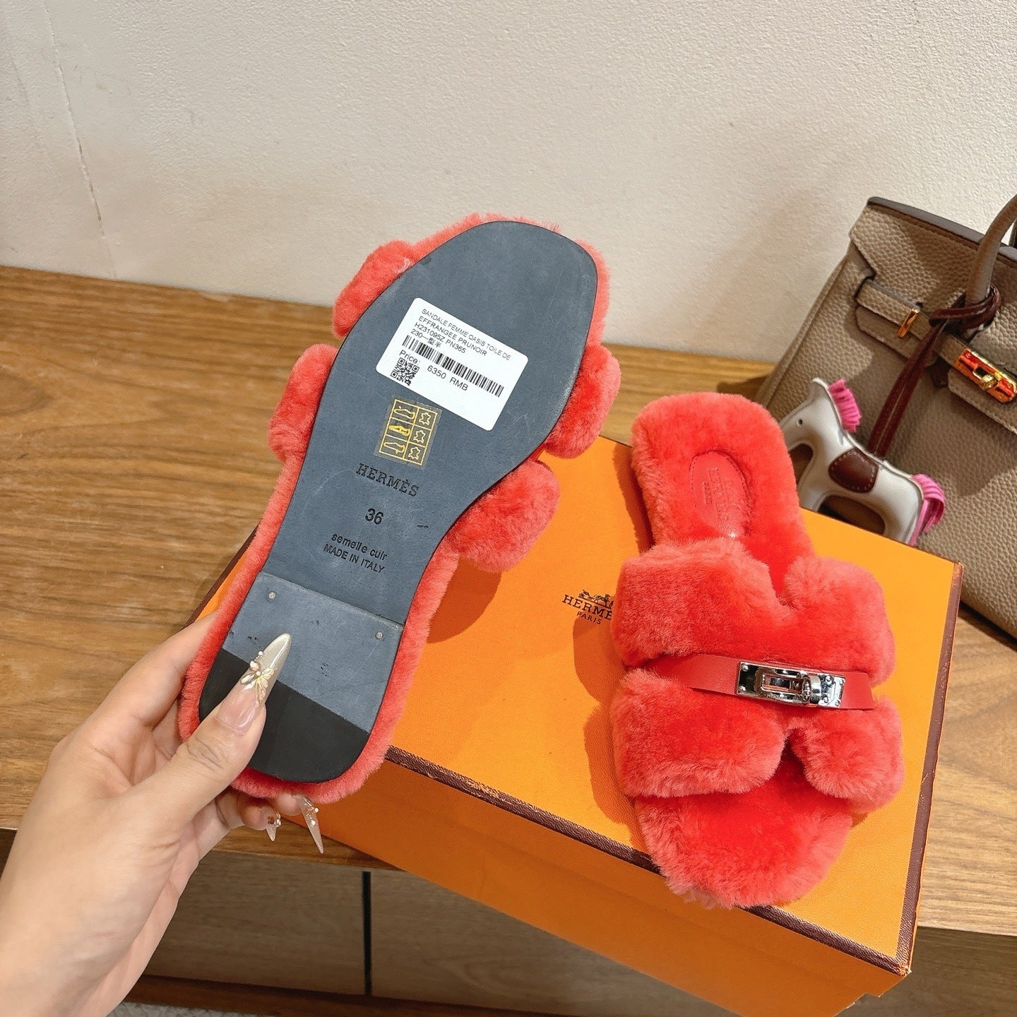 CORAL FAUX FUR MULE SLIPPERS WITH SILVER-TONE ACCENT