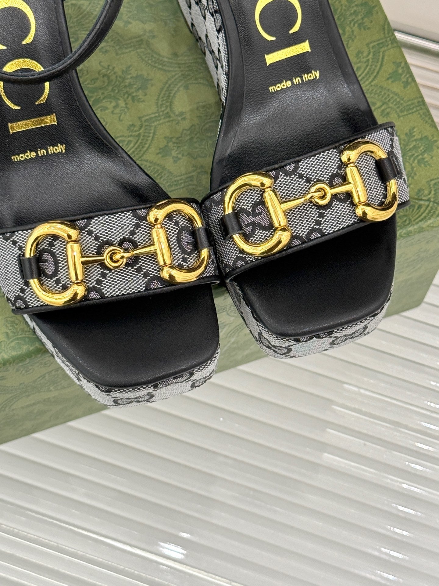 BLACK MONOGRAM PLATFORM WEDGE SANDALS
